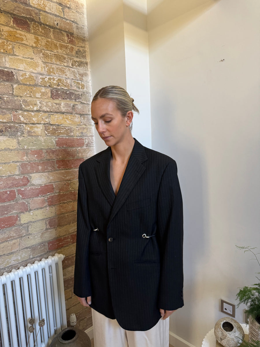 BLACK PINSTRIPE HARDWARE FRONT BLAZER