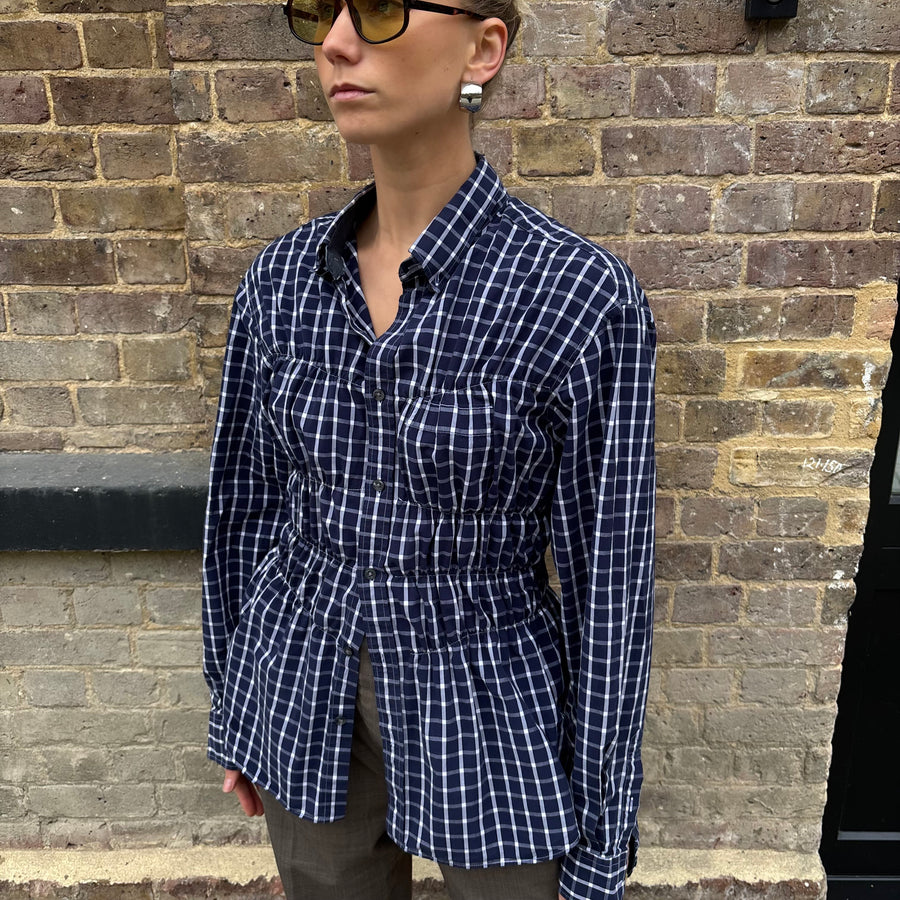 CHECK NAVY ELASTIC SHIRT