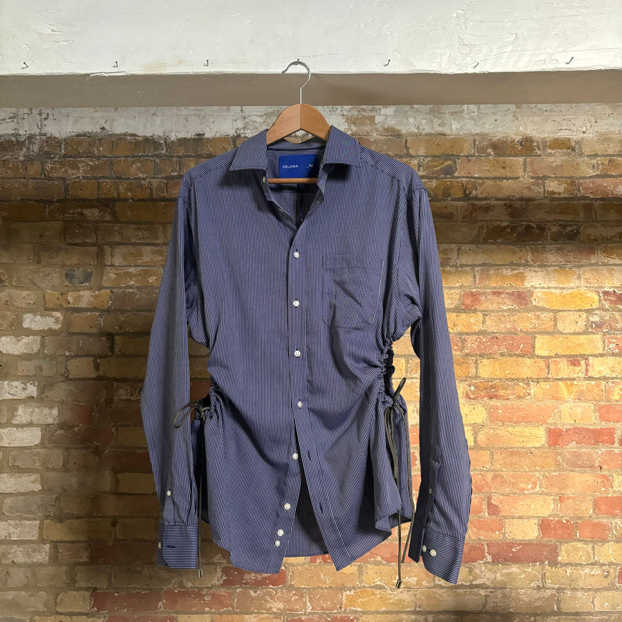 NAVY PINSTRIPE CINCH SHIRT