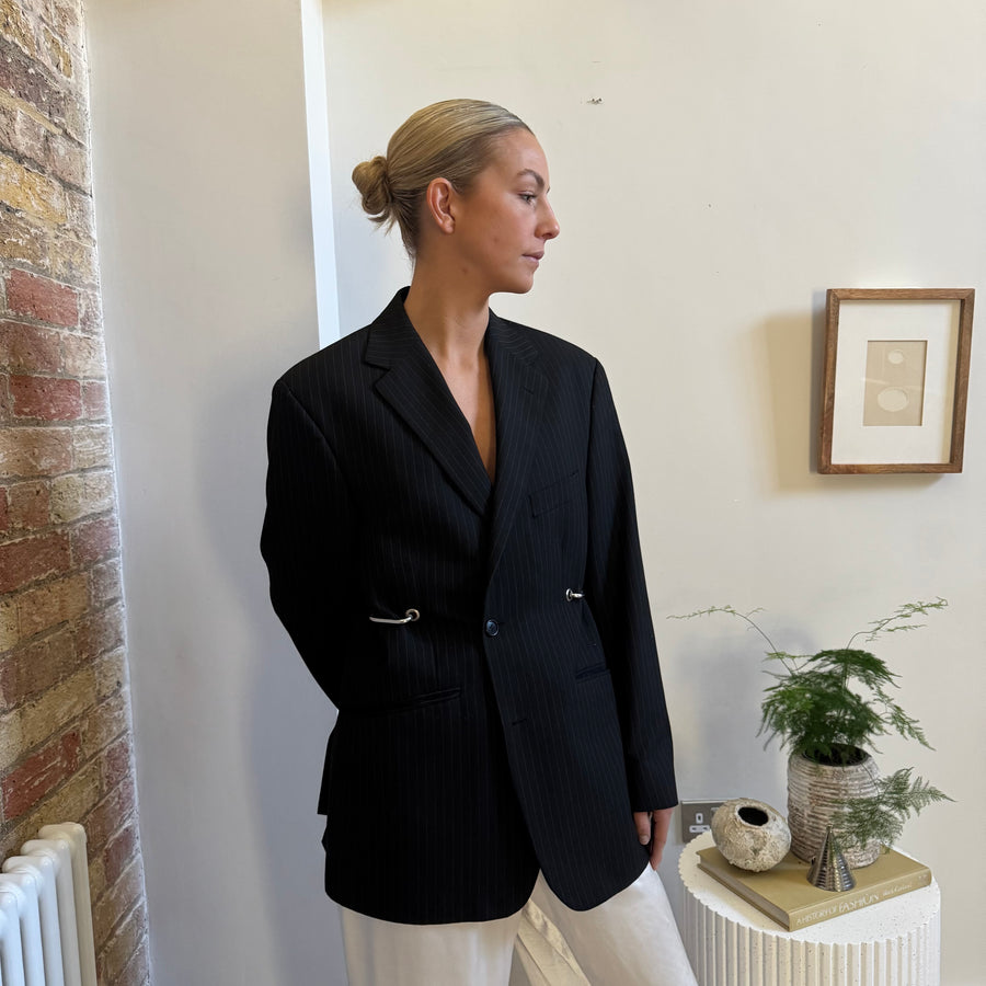BLACK PINSTRIPE HARDWARE FRONT BLAZER