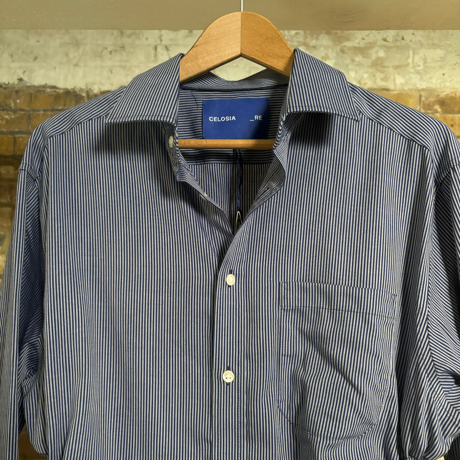 NAVY PINSTRIPE CINCH SHIRT