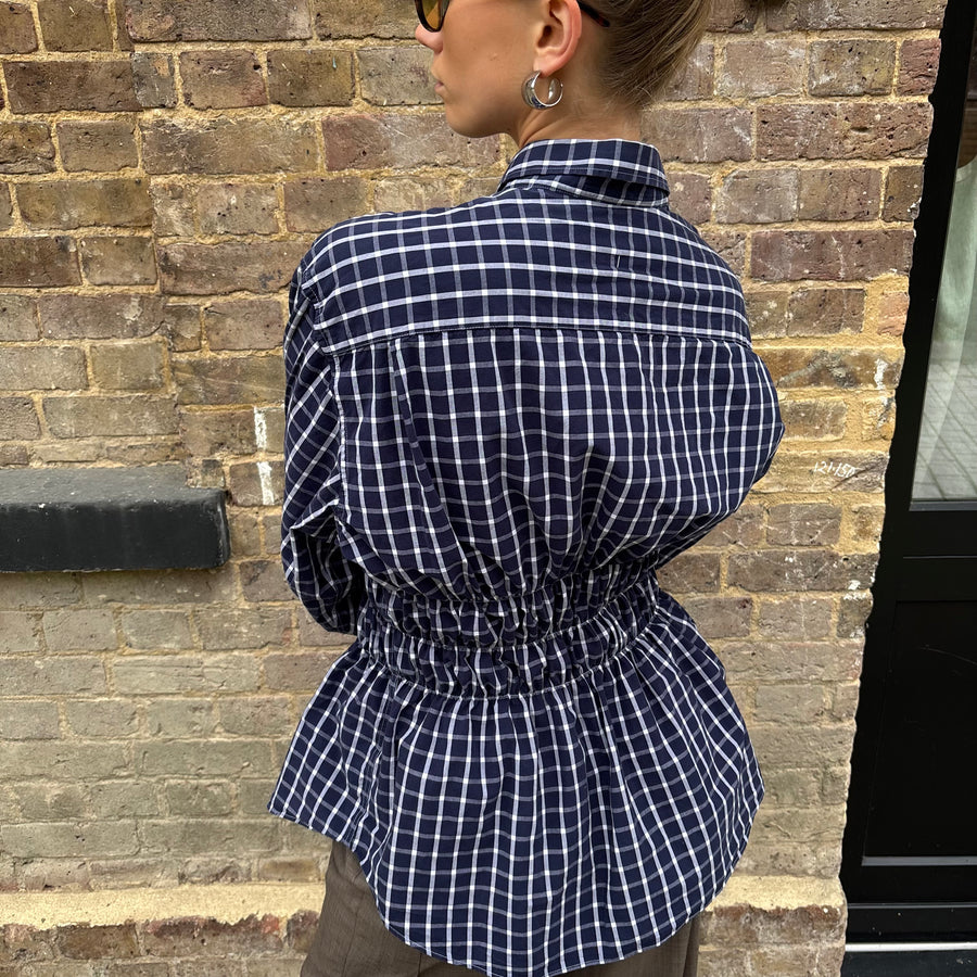 CHECK NAVY ELASTIC SHIRT