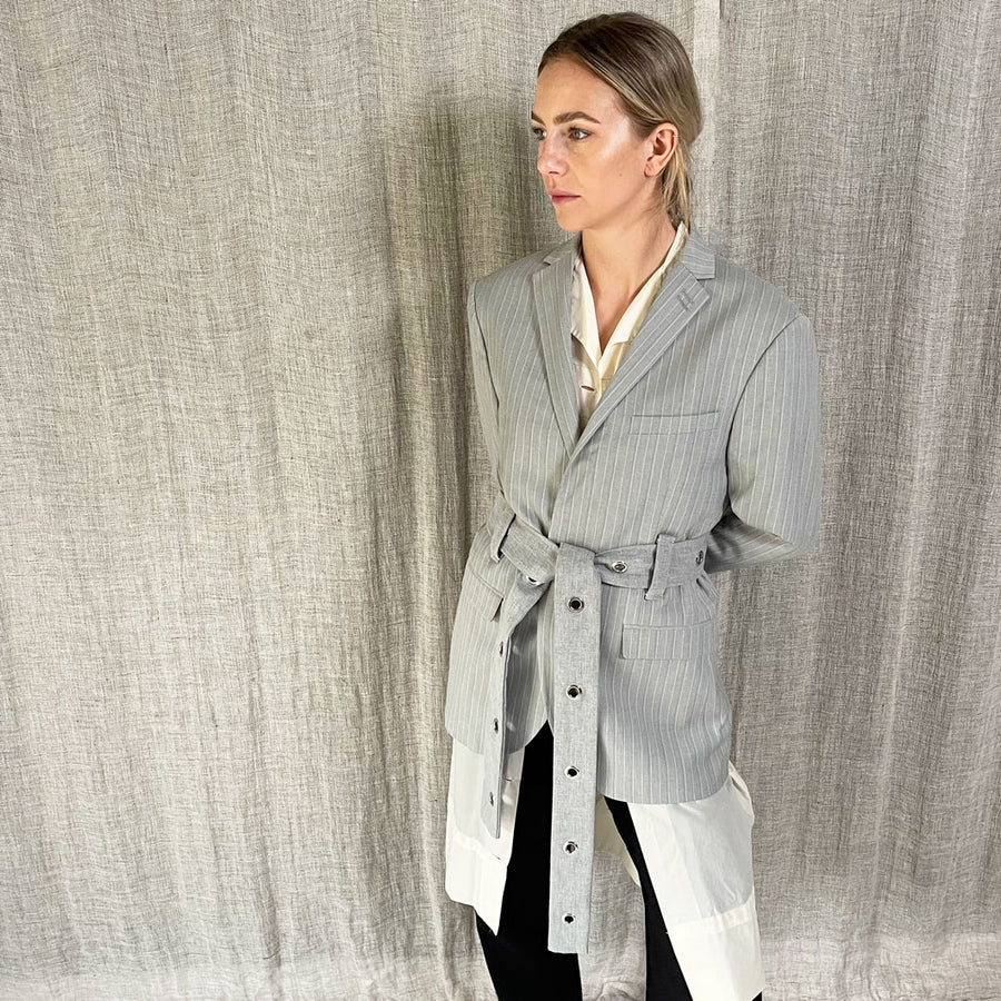 GREY EYELET BELTED BLAZER