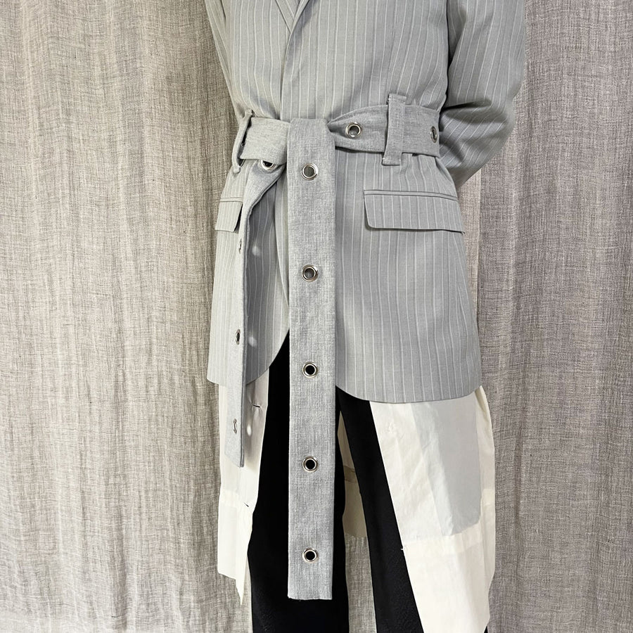 GREY EYELET BELTED BLAZER