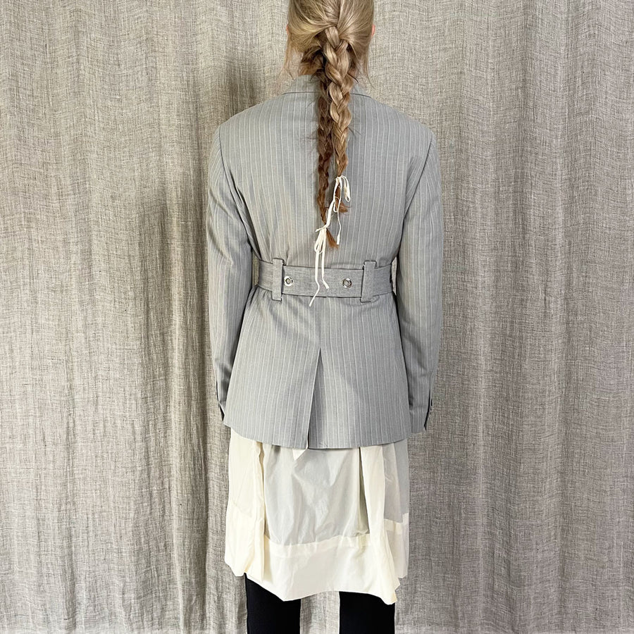 GREY EYELET BELTED BLAZER