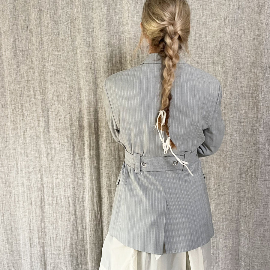 GREY EYELET BELTED BLAZER