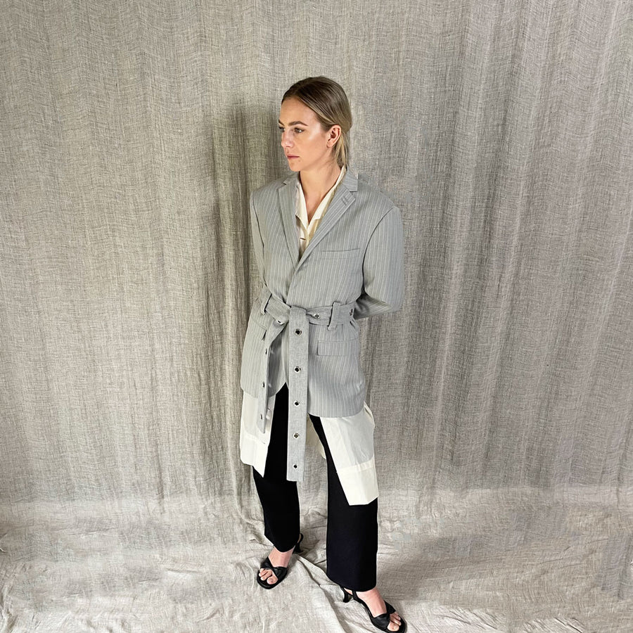 GREY EYELET BELTED BLAZER